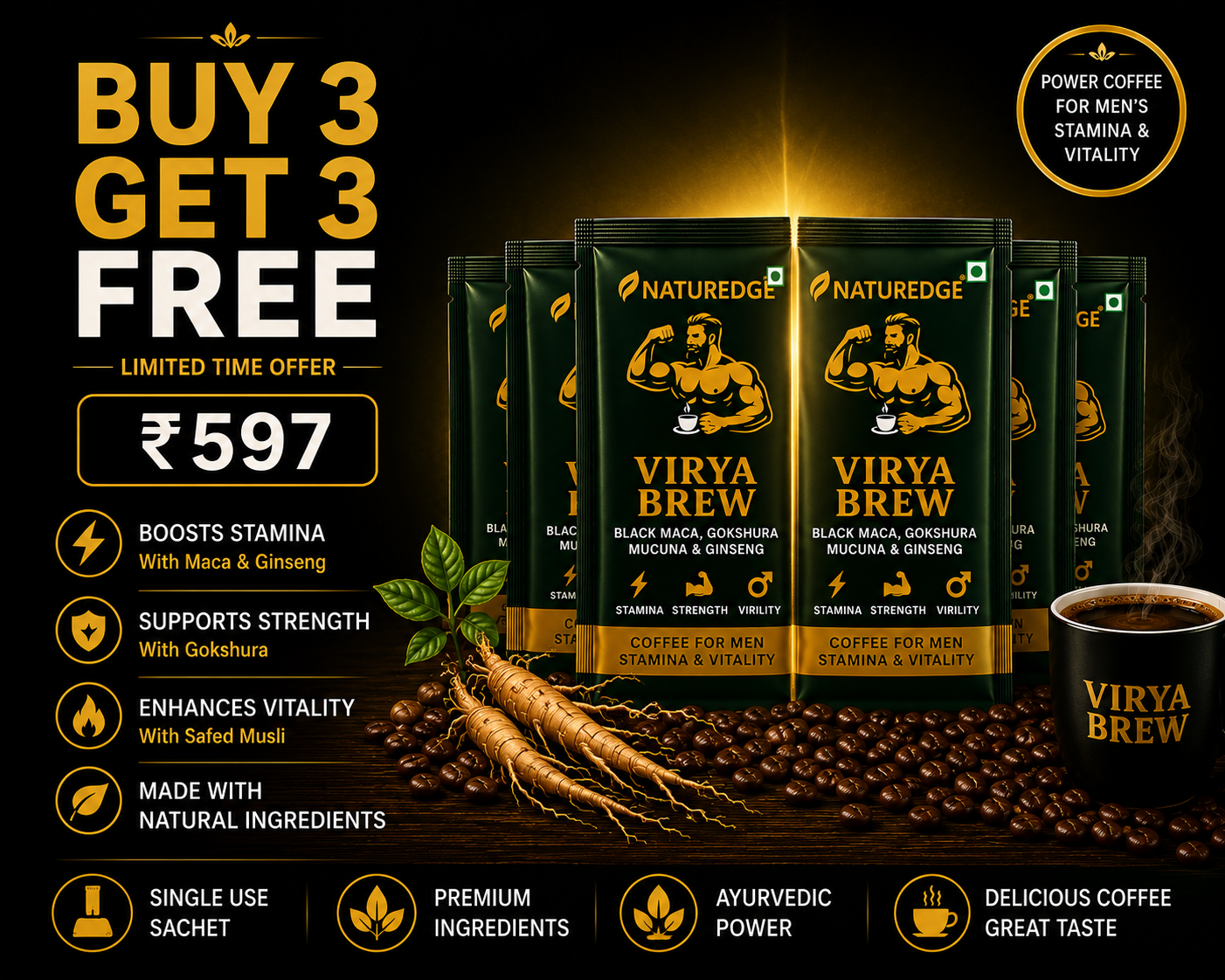 NaturEdge Virya Brew Buy 3 Get 3 Free Combo Pack (6 Sachets)